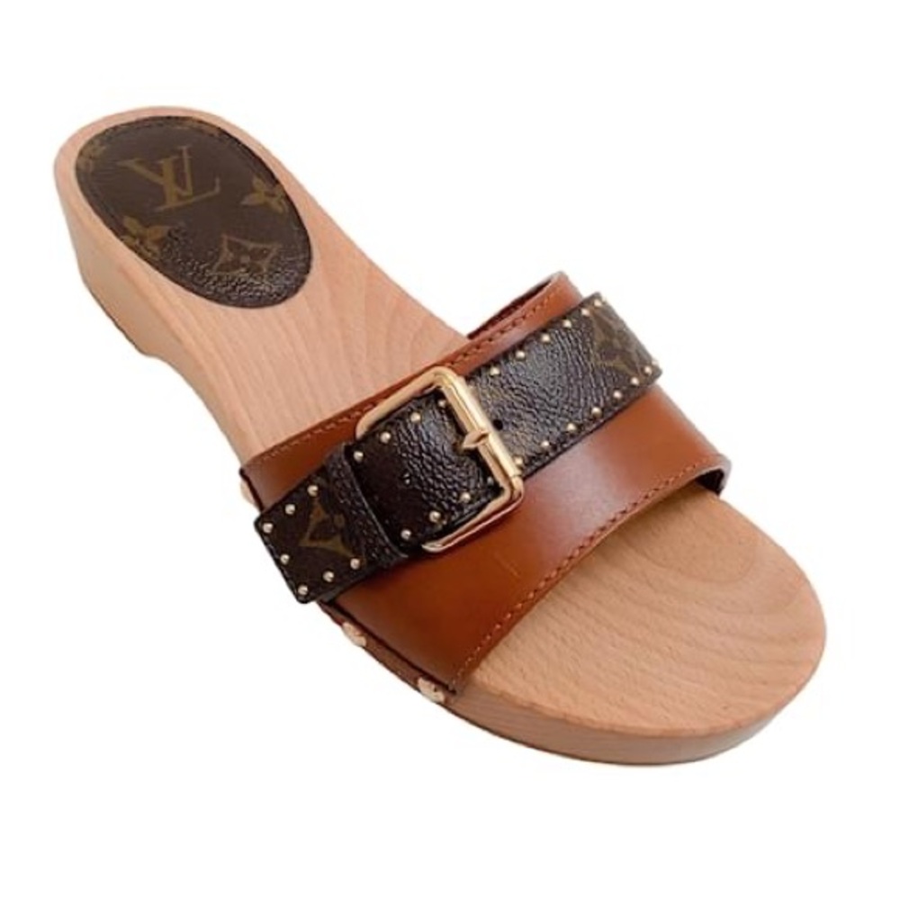 LOUIS VUITTON Brown Leather LV Monogram Cottage Mule Wood Clog Sandals 6.5 - Picture 3 of 17